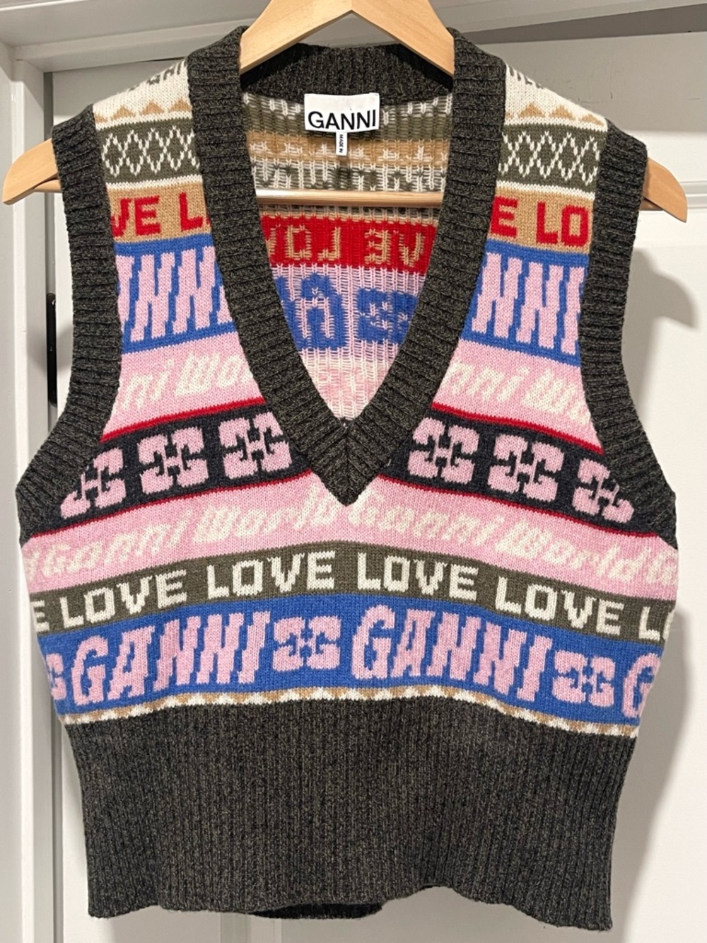 $215 GANNI Multicolor Graphic Knit Stretch Recycled Wool-blend Vest Size Small